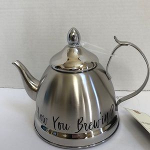 NWT Stainless steel small 1 qt Teapot w removable infuser “How You Brewin” text